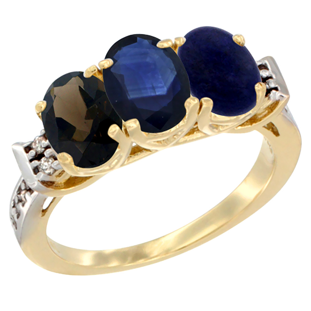 10K Yellow Gold Natural Smoky Topaz, Blue Sapphire & Lapis Ring 3-Stone Oval 7x5 mm Diamond Accent, sizes 5 - 10