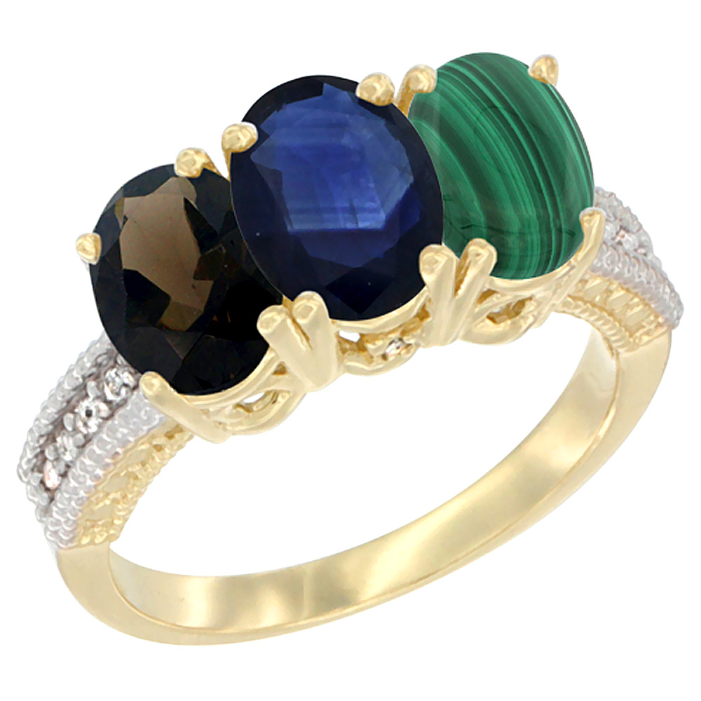 14K Yellow Gold Natural Smoky Topaz, Blue Sapphire & Malachite Ring 3-Stone 7x5 mm Oval Diamond Accent, sizes 5 - 10