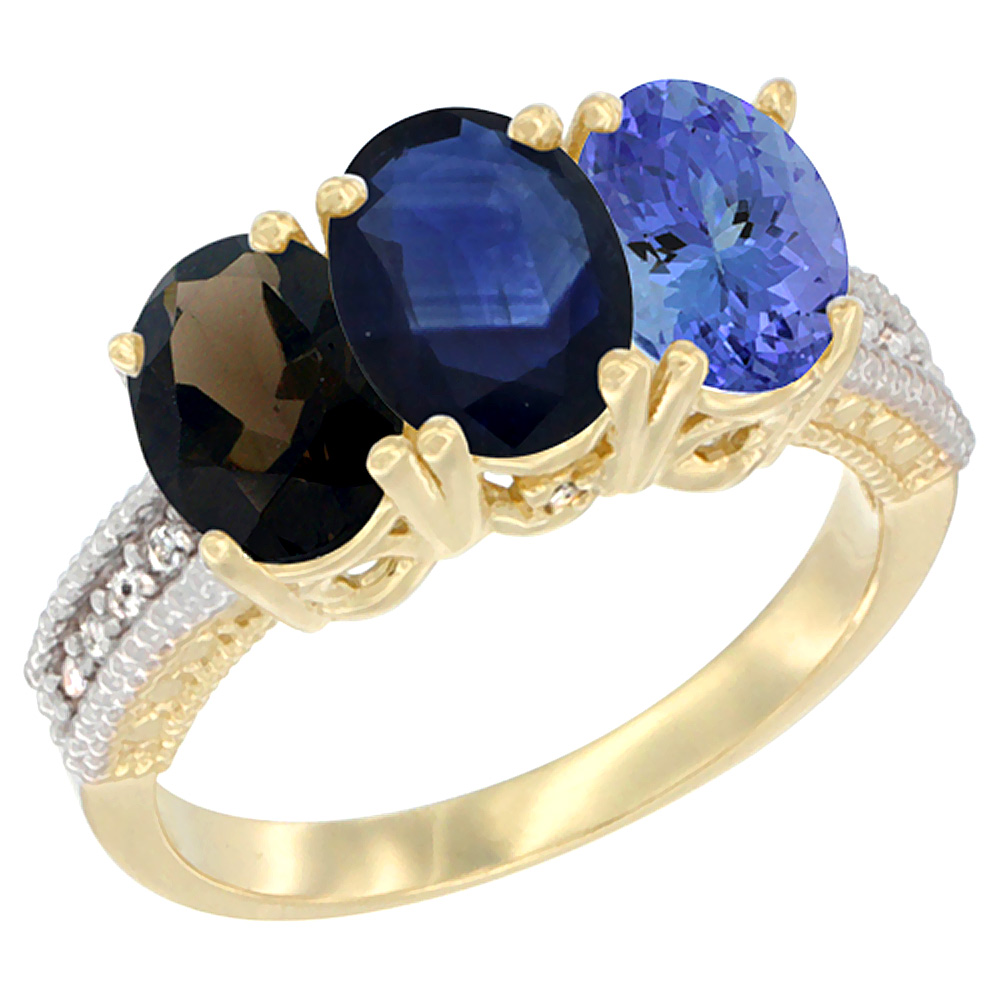 14K Yellow Gold Natural Smoky Topaz, Blue Sapphire &amp; Tanzanite Ring 3-Stone 7x5 mm Oval Diamond Accent, sizes 5 - 10