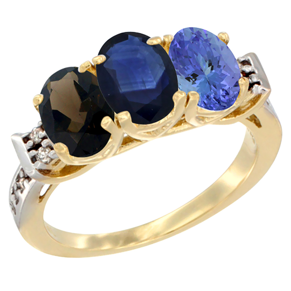 10K Yellow Gold Natural Smoky Topaz, Blue Sapphire & Tanzanite Ring 3-Stone Oval 7x5 mm Diamond Accent, sizes 5 - 10