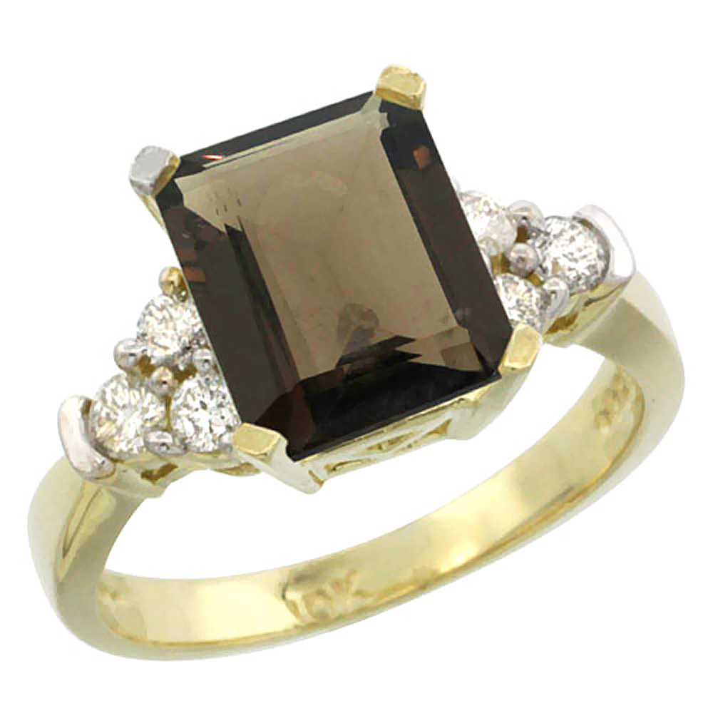 14K Yellow Gold Natural Smoky Topaz Ring Octagon 9x7mm Diamond Accent, sizes 5-10