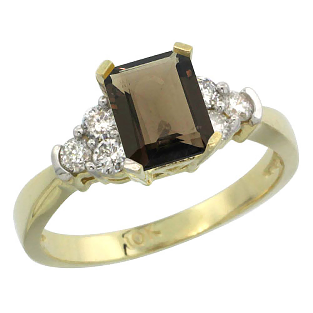 10K Yellow Gold Natural Smoky Topaz Ring Octagon 7x5mm Diamond Accent, sizes 5-10