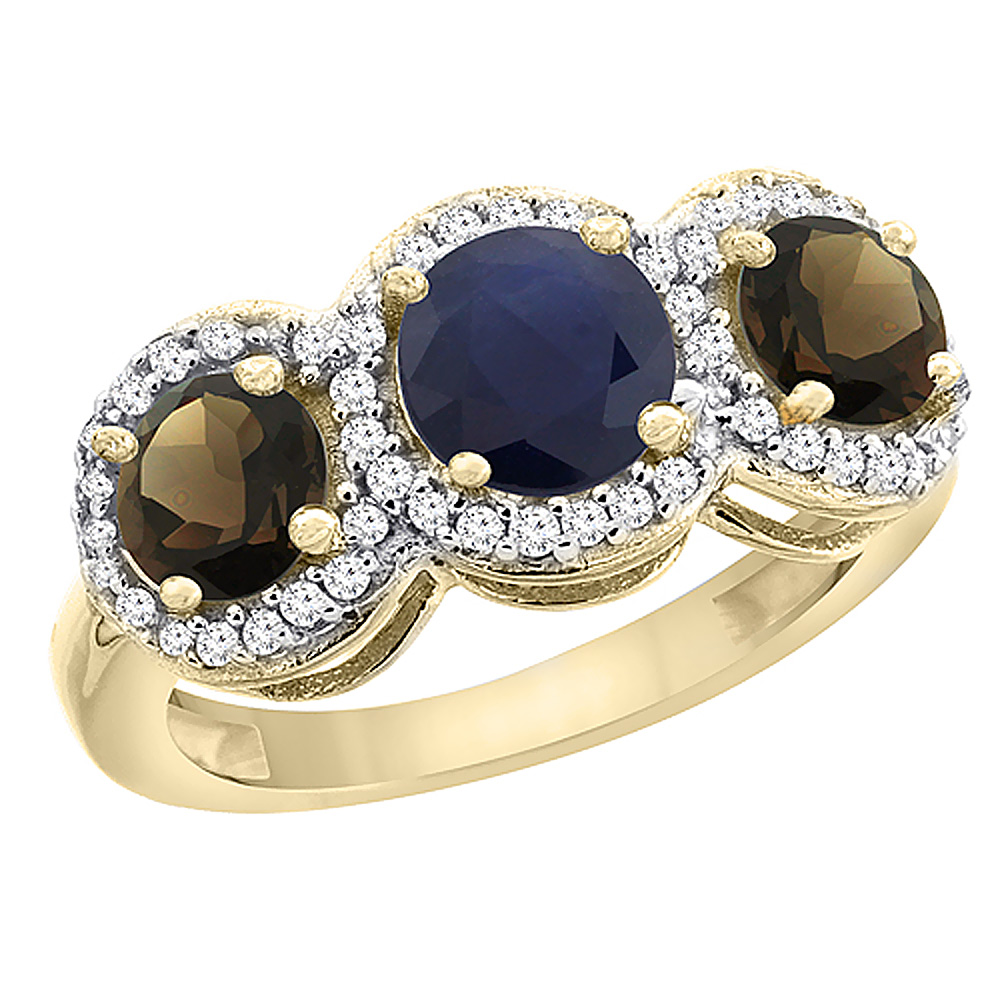 10K Yellow Gold Natural High Quality Blue Sapphire & Smoky Topaz Sides Round 3-stone Ring Diamond Accents, sizes 5 - 10