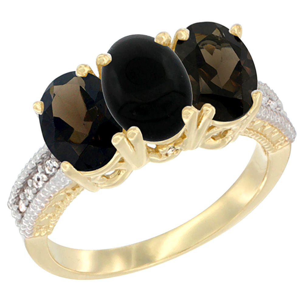 14K Yellow Gold Natural Black Onyx &amp; Smoky Topaz Ring 3-Stone 7x5 mm Oval Diamond Accent, sizes 5 - 10