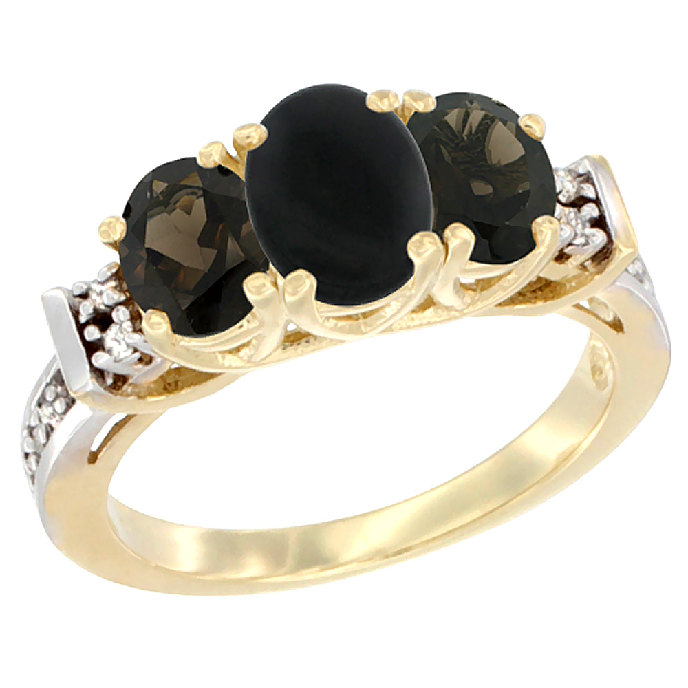 10K Yellow Gold Natural Black Onyx & Smoky Topaz Ring 3-Stone Oval Diamond Accent