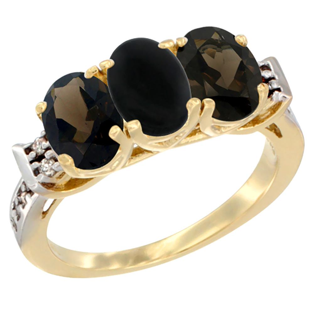 10K Yellow Gold Natural Black Onyx & Smoky Topaz Sides Ring 3-Stone Oval 7x5 mm Diamond Accent, sizes 5 - 10