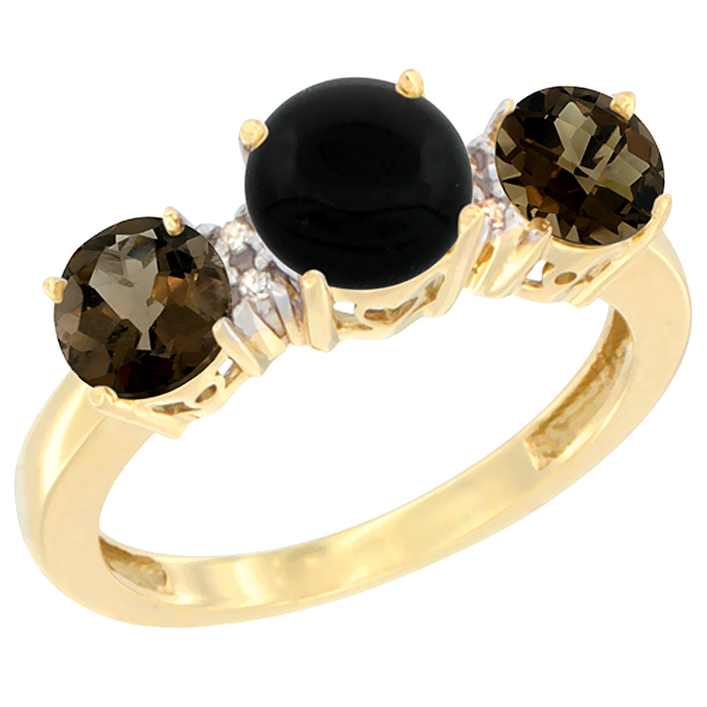 10K Yellow Gold Round 3-Stone Natural Black Onyx Ring & Smoky Topaz Sides Diamond Accent, sizes 5 - 10