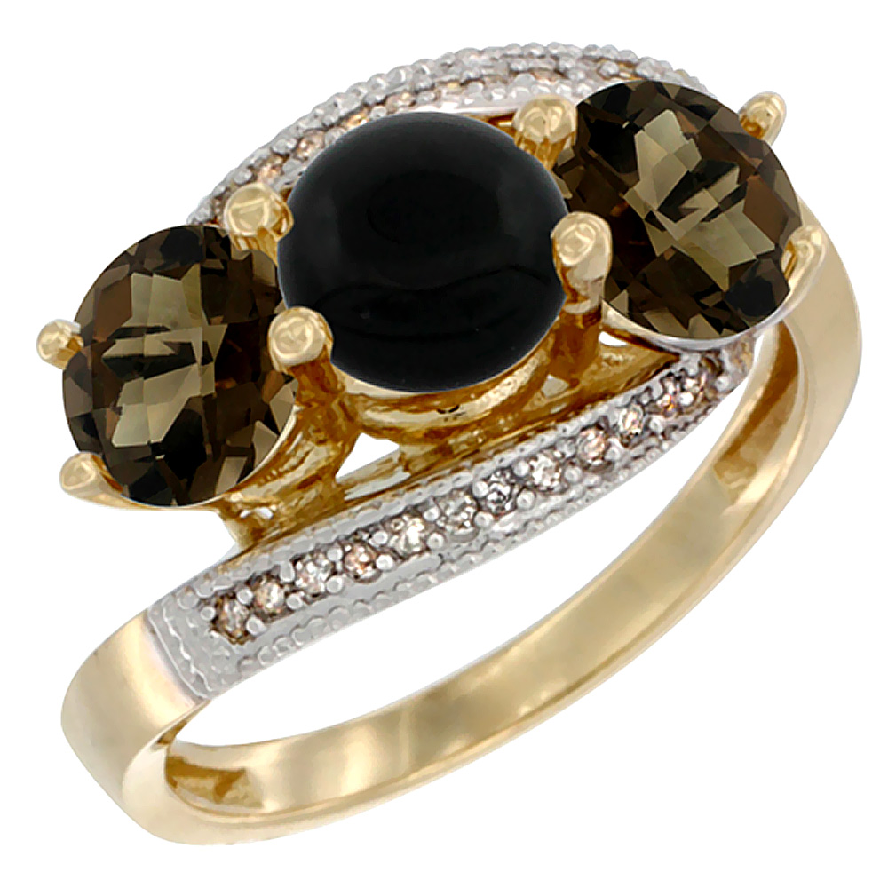 10K Yellow Gold Natural Black Onyx & Smoky Topaz Sides 3 stone Ring Round 6mm Diamond Accent, sizes 5 - 10