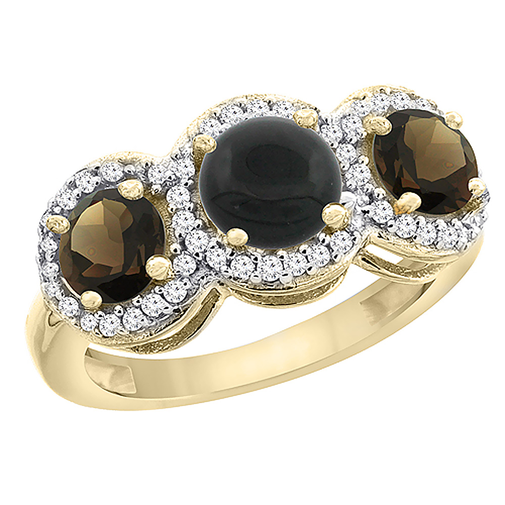 10K Yellow Gold Natural Black Onyx & Smoky Topaz Sides Round 3-stone Ring Diamond Accents, sizes 5 - 10