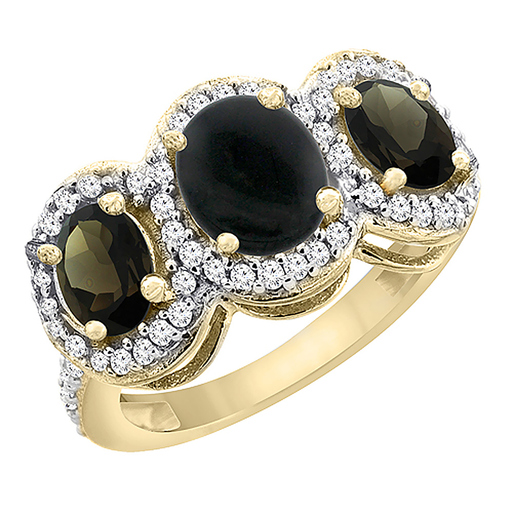 14K Yellow Gold Natural Black Onyx & Smoky Topaz 3-Stone Ring Oval Diamond Accent, sizes 5 - 10