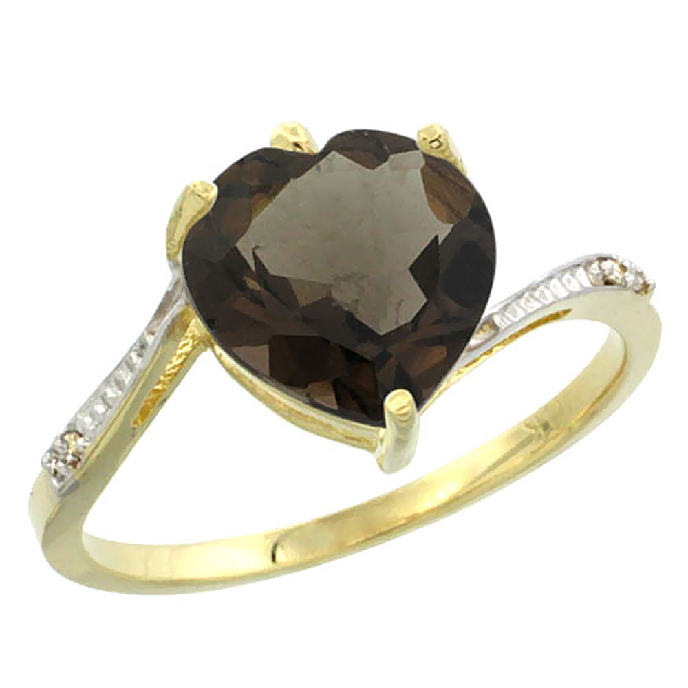 14K Yellow Gold Natural Smoky Topaz Ring Heart 9x9mm Diamond Accent, sizes 5-10