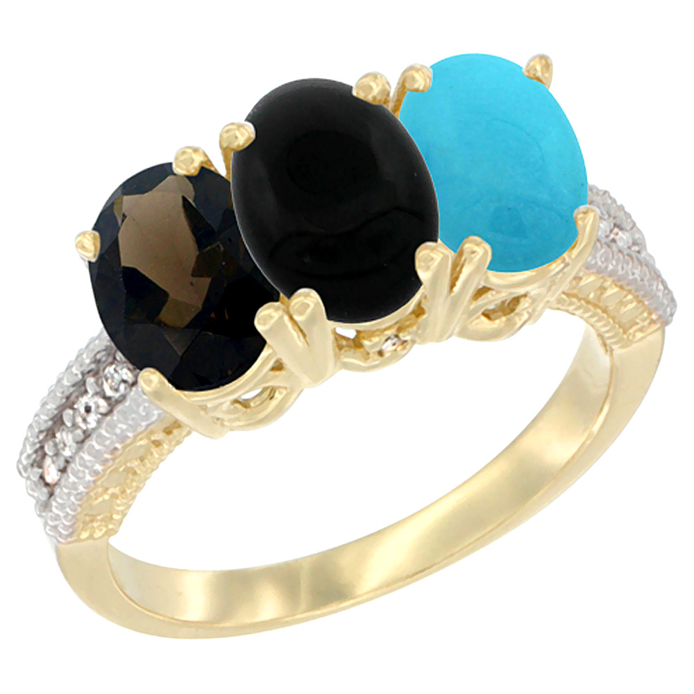 14K Yellow Gold Natural Smoky Topaz, Black Onyx &amp; Turquoise Ring 3-Stone 7x5 mm Oval Diamond Accent, sizes 5 - 10