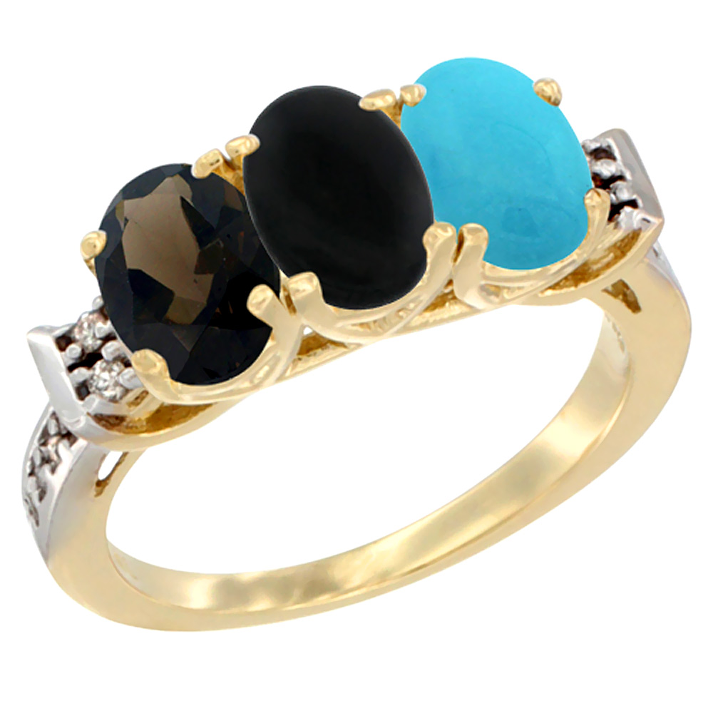 10K Yellow Gold Natural Smoky Topaz, Black Onyx &amp; Turquoise Ring 3-Stone Oval 7x5 mm Diamond Accent, sizes 5 - 10