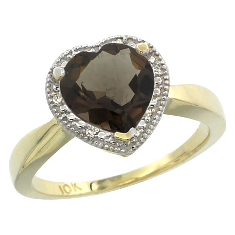 10K Yellow Gold Natural Smoky Topaz Ring Heart 8x8mm Diamond Accent, sizes 5-10