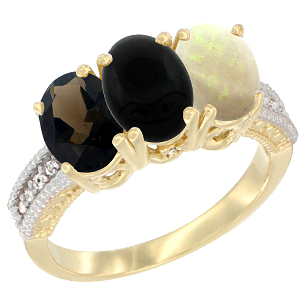 10K Yellow Gold Diamond Natural Smoky Topaz, Black Onyx & Opal Ring 3-Stone 7x5 mm Oval, sizes 5 - 10