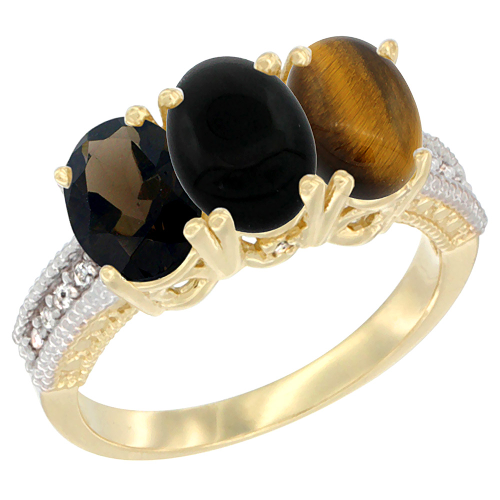 14K Yellow Gold Natural Smoky Topaz, Black Onyx &amp; Tiger Eye Ring 3-Stone 7x5 mm Oval Diamond Accent, sizes 5 - 10