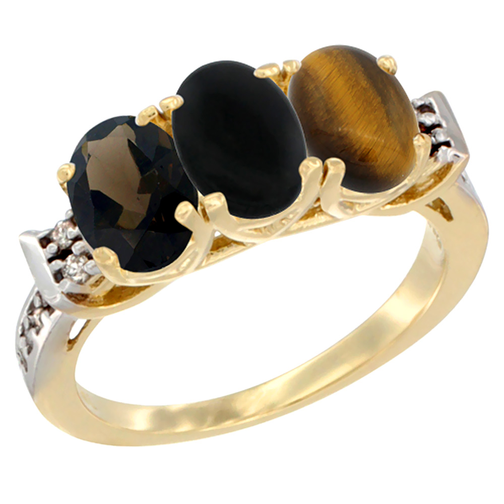 10K Yellow Gold Natural Smoky Topaz, Black Onyx &amp; Tiger Eye Ring 3-Stone Oval 7x5 mm Diamond Accent, sizes 5 - 10