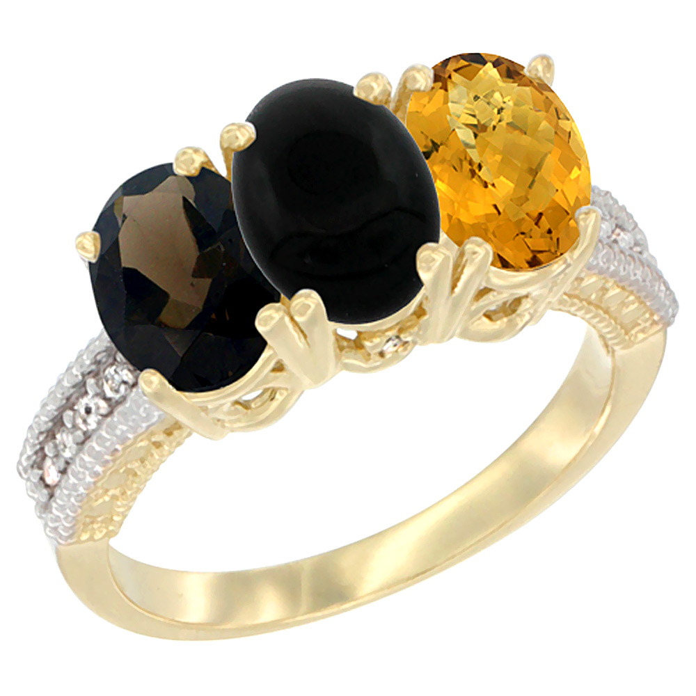 14K Yellow Gold Natural Smoky Topaz, Black Onyx & Whisky Quartz Ring 3-Stone 7x5 mm Oval Diamond Accent, sizes 5 - 10