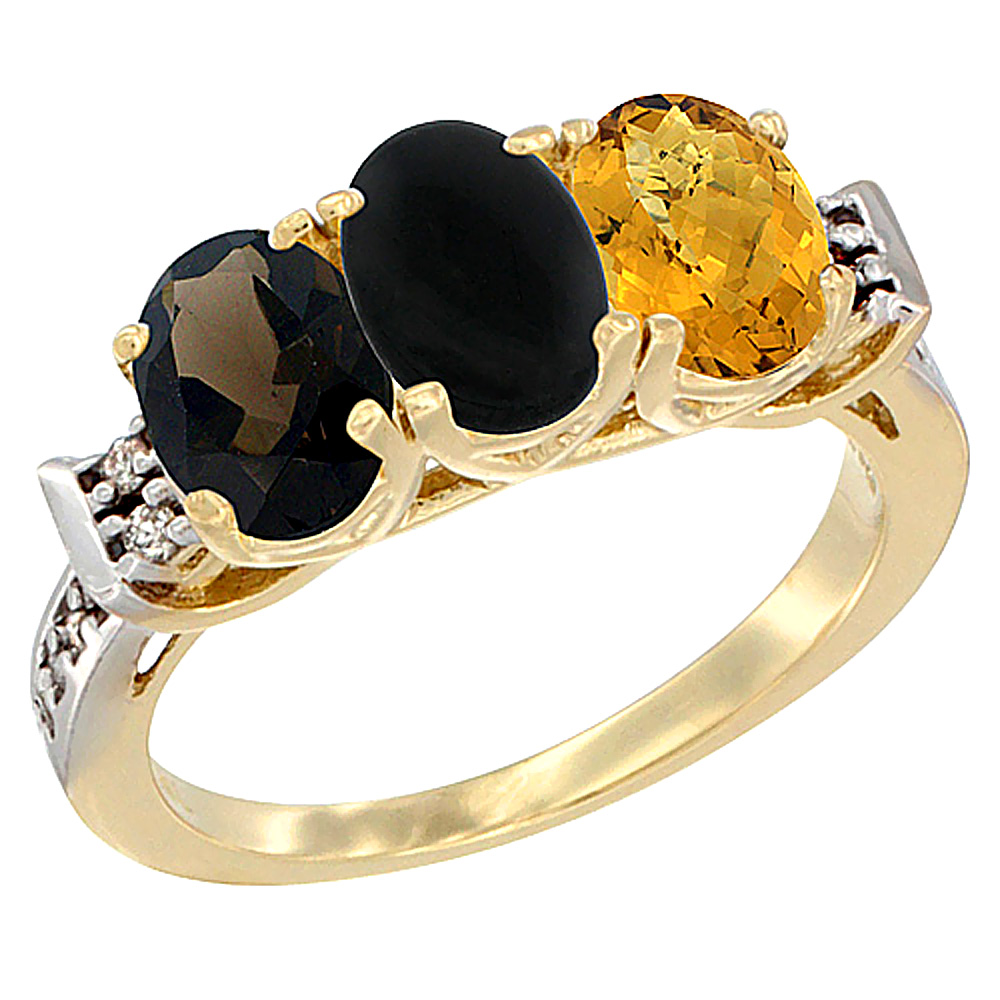 10K Yellow Gold Natural Smoky Topaz, Black Onyx & Whisky Quartz Ring 3-Stone Oval 7x5 mm Diamond Accent, sizes 5 - 10