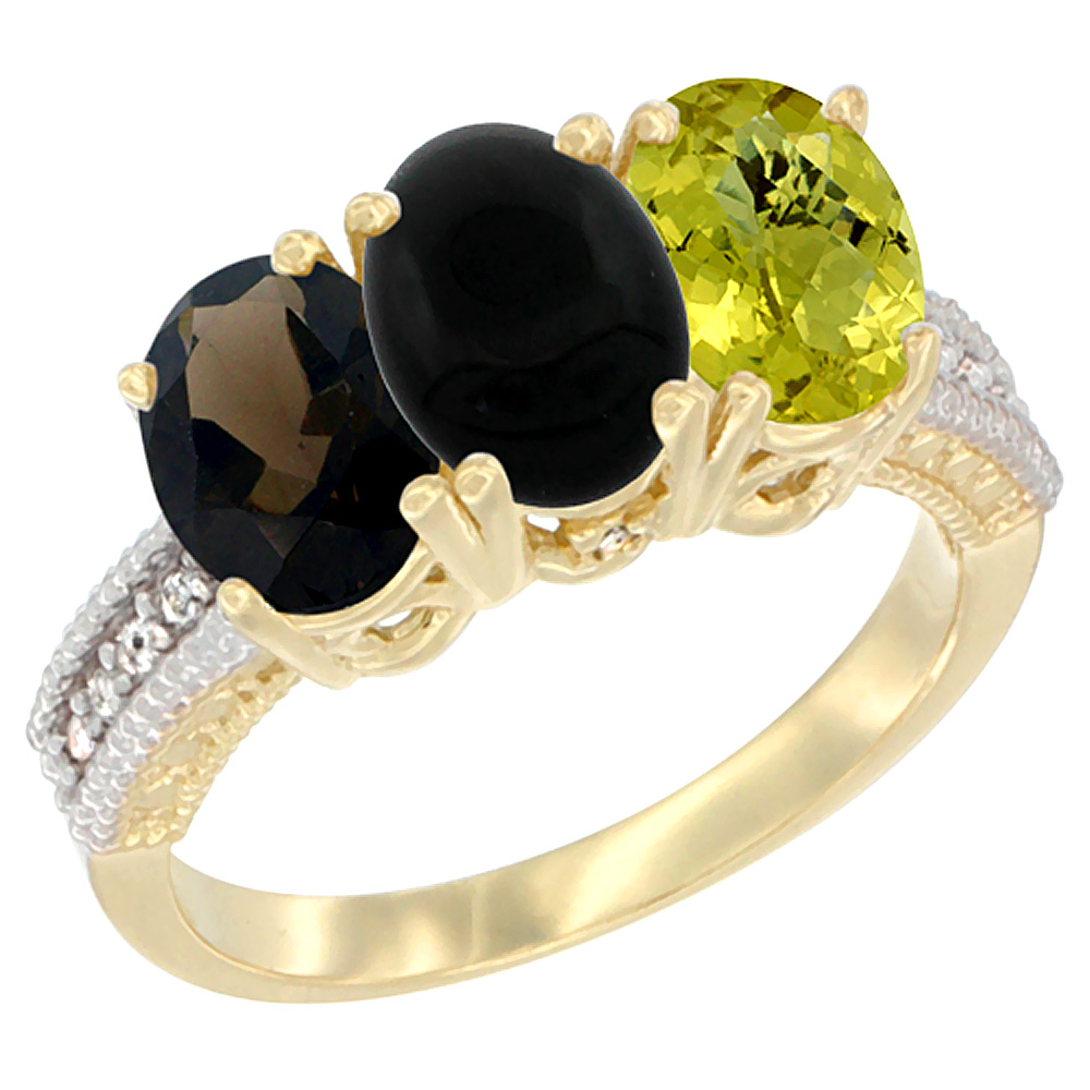 14K Yellow Gold Natural Smoky Topaz, Black Onyx & Lemon Quartz Ring 3-Stone 7x5 mm Oval Diamond Accent, sizes 5 - 10