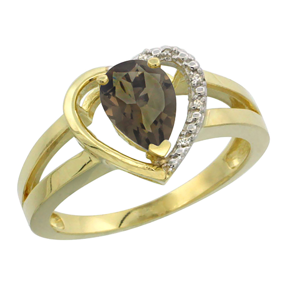 10K Yellow Gold Natural Smoky Topaz Heart Ring Pear 7x5 mm Diamond Accent, sizes 5-10
