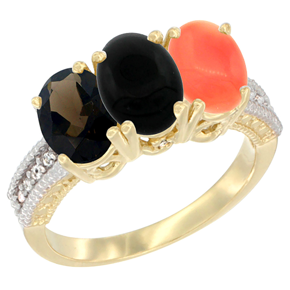 14K Yellow Gold Natural Smoky Topaz, Black Onyx & Coral Ring 3-Stone 7x5 mm Oval Diamond Accent, sizes 5 - 10