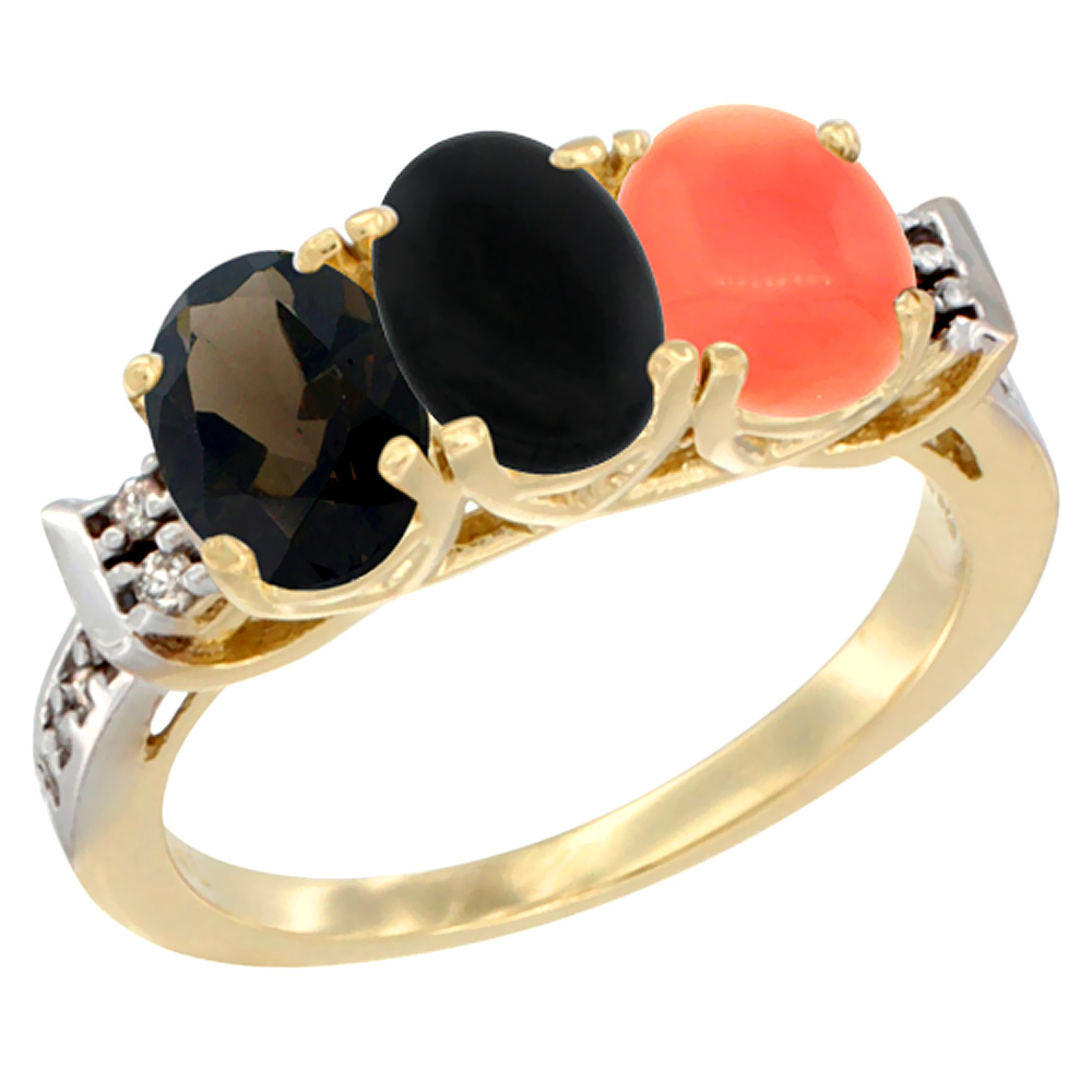 10K Yellow Gold Natural Smoky Topaz, Black Onyx & Coral Ring 3-Stone Oval 7x5 mm Diamond Accent, sizes 5 - 10