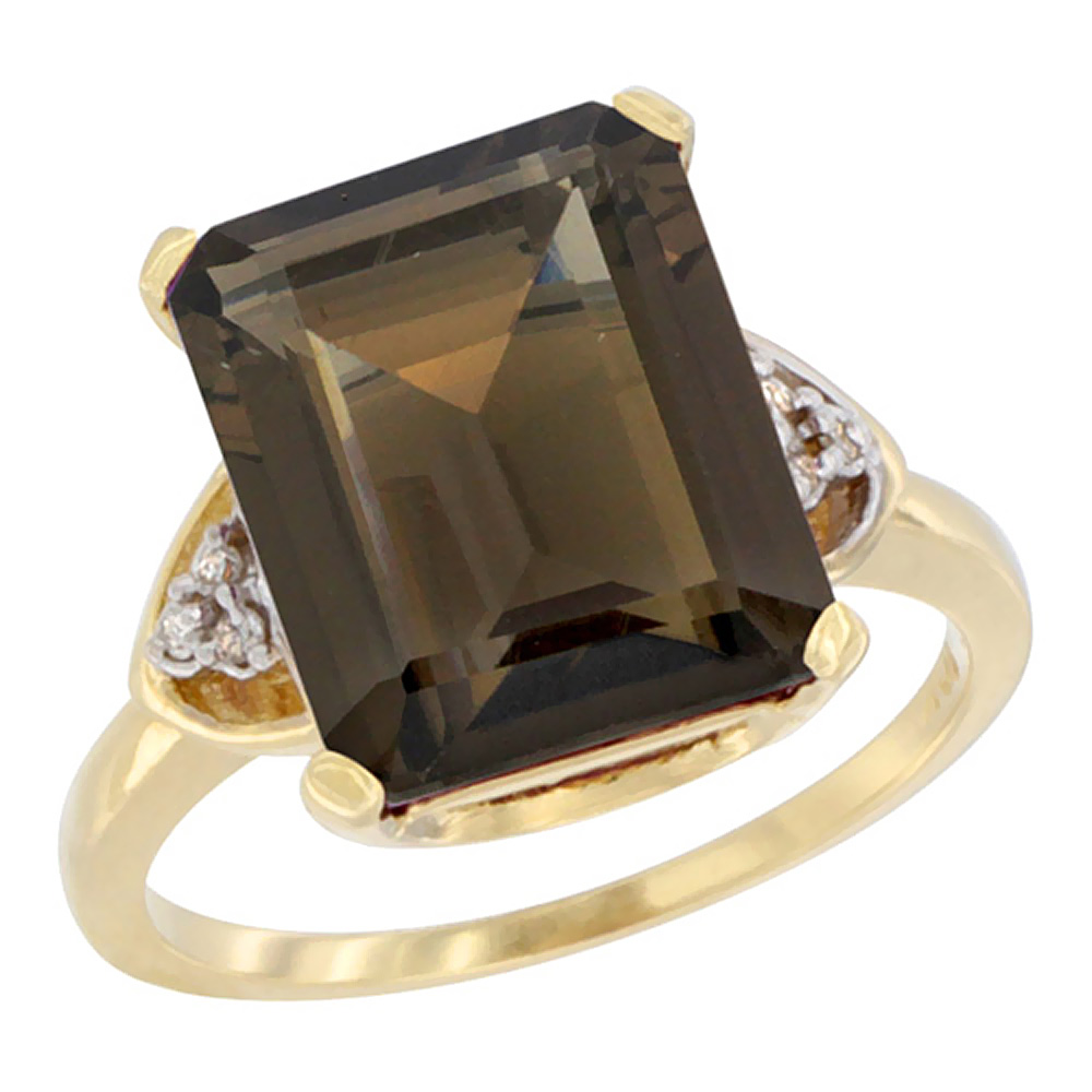 14K Yellow Gold Diamond Natural Smoky Topaz Ring Octagon 12x10 mm, sizes 5-10