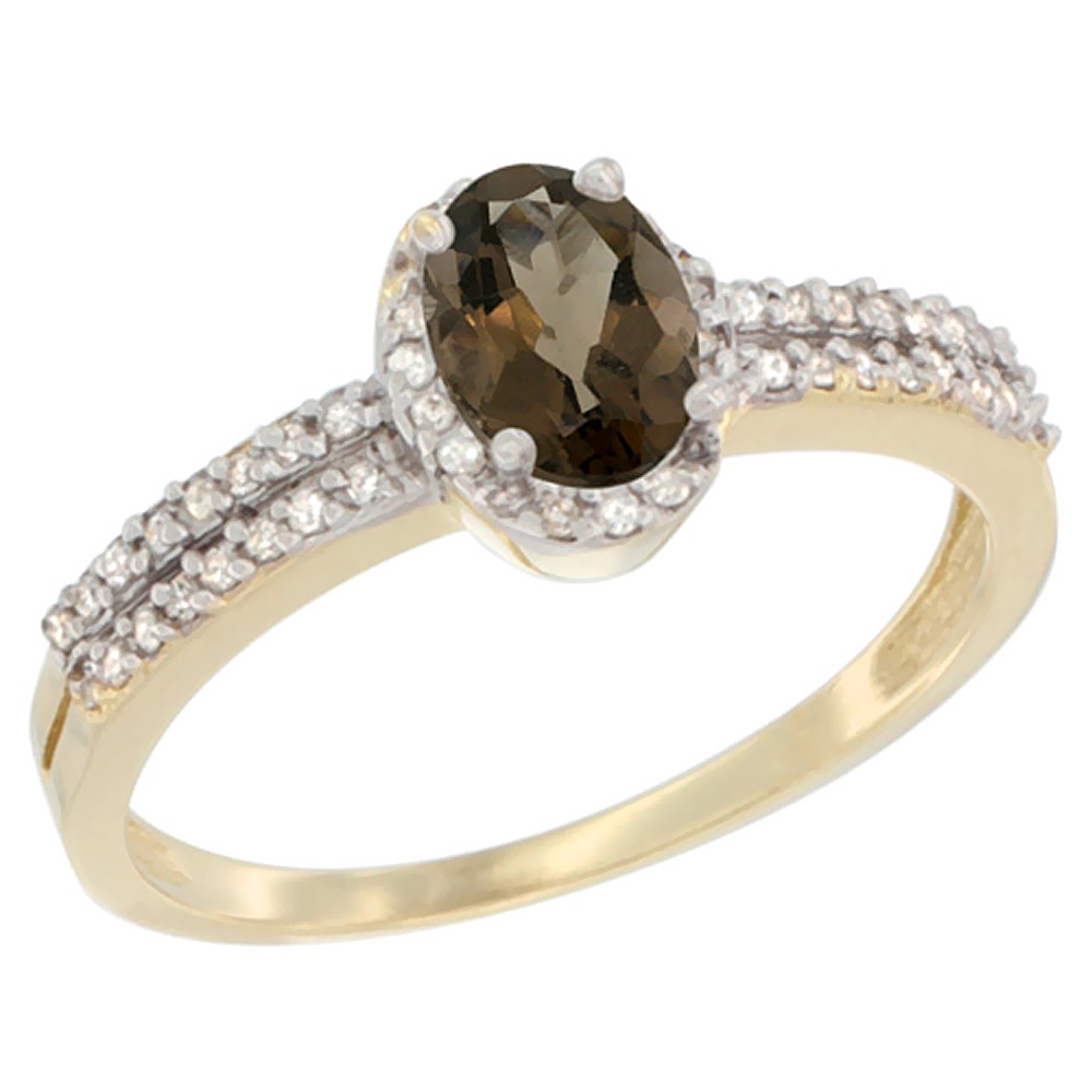 10K Yellow Gold Natural Smoky Topaz Ring Oval 6x4mm Diamond Accent, sizes 5-10