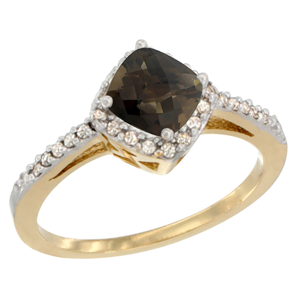 10K Yellow Gold Natural Smoky Topaz Ring Cushion-cut 6mm Halo Diamond Accent, sizes 5 - 10