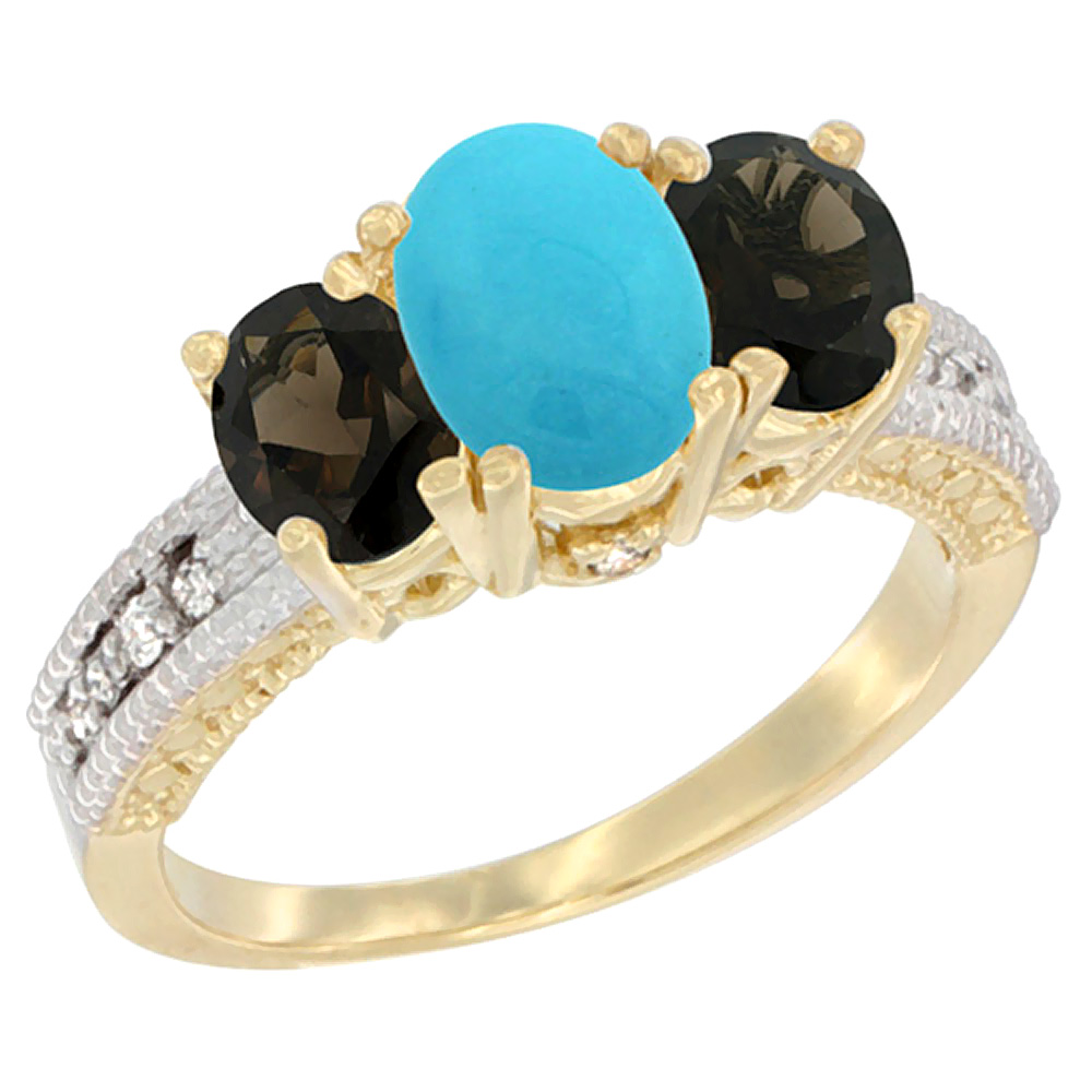 10K Yellow Gold Diamond Natural Turquoise Ring Oval 3-stone with Smoky Topaz, sizes 5 - 10