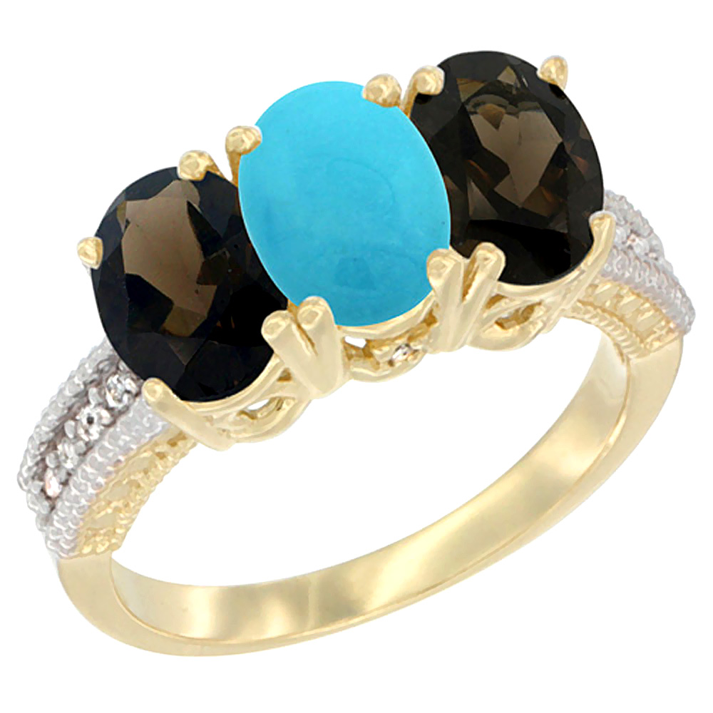 14K Yellow Gold Natural Turquoise &amp; Smoky Topaz Ring 3-Stone 7x5 mm Oval Diamond Accent, sizes 5 - 10