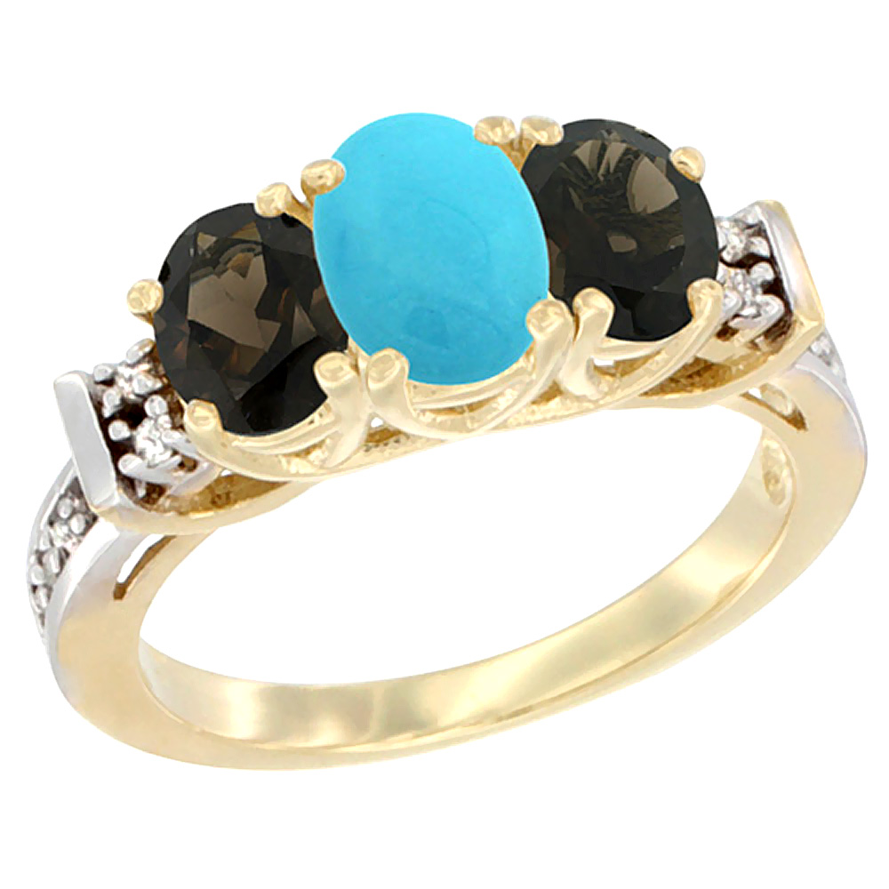 14K Yellow Gold Natural Turquoise & Smoky Topaz Ring 3-Stone Oval Diamond Accent