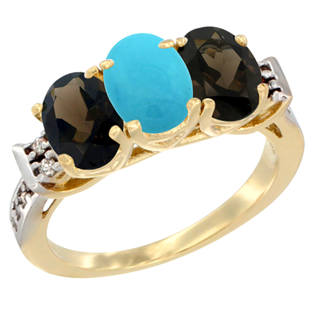 10K Yellow Gold Natural Turquoise & Smoky Topaz Sides Ring 3-Stone Oval 7x5 mm Diamond Accent, sizes 5 - 10