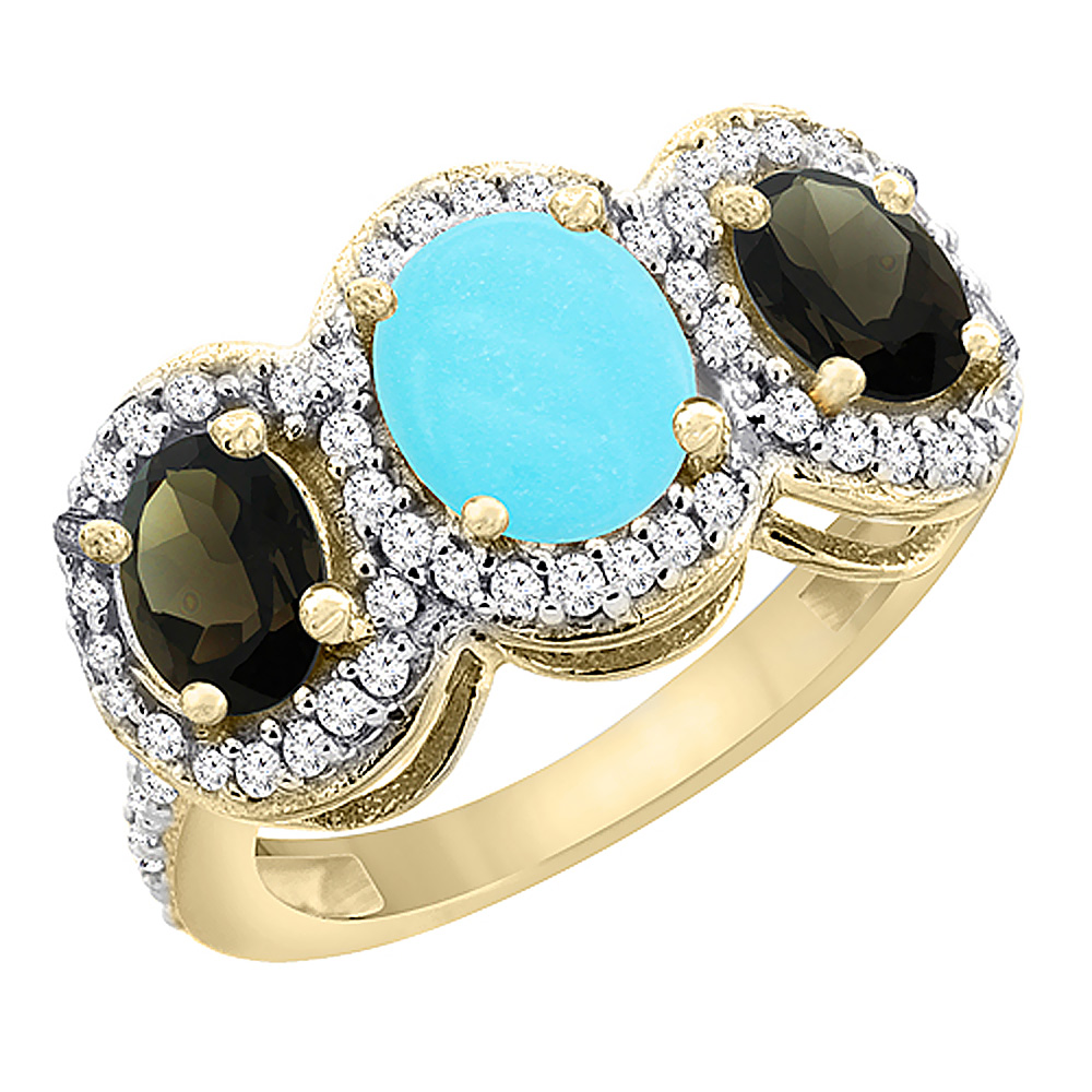 14K Yellow Gold Natural Turquoise &amp; Smoky Topaz 3-Stone Ring Oval Diamond Accent, sizes 5 - 10