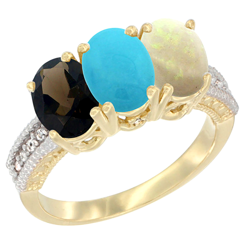 14K Yellow Gold Natural Smoky Topaz, Turquoise &amp; Opal Ring 3-Stone 7x5 mm Oval Diamond Accent, sizes 5 - 10