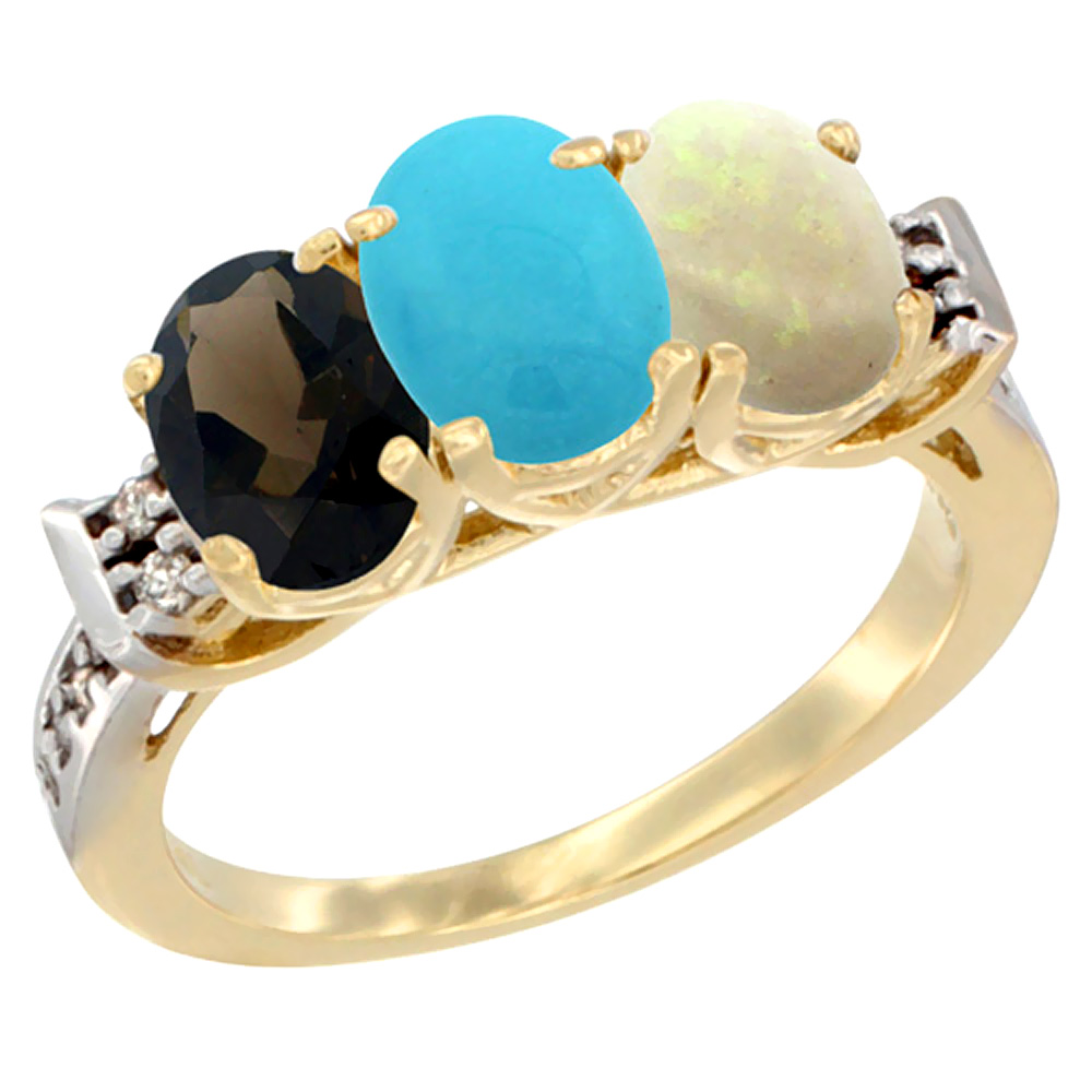 10K Yellow Gold Natural Smoky Topaz, Turquoise & Opal Ring 3-Stone Oval 7x5 mm Diamond Accent, sizes 5 - 10