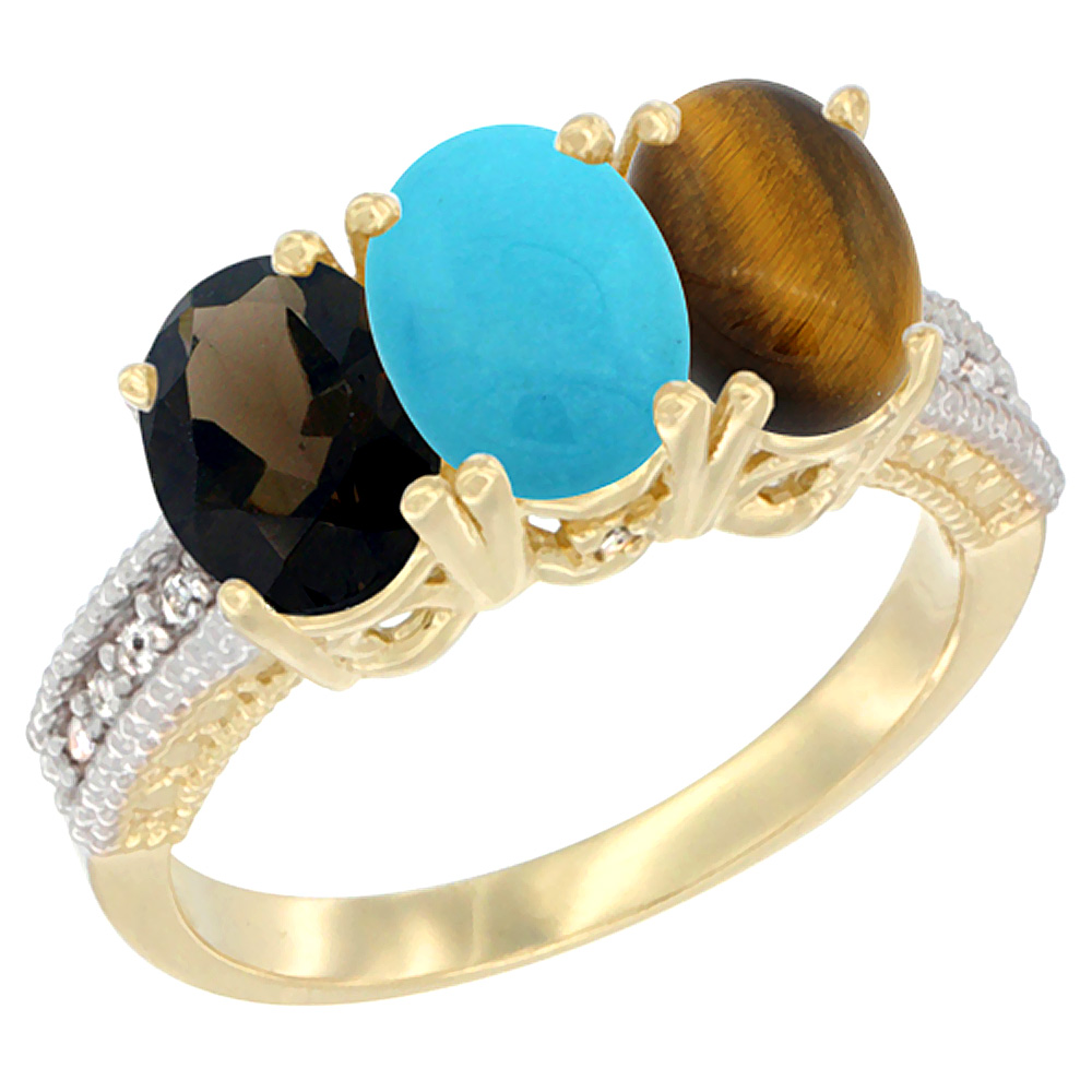 14K Yellow Gold Natural Smoky Topaz, Turquoise &amp; Tiger Eye Ring 3-Stone 7x5 mm Oval Diamond Accent, sizes 5 - 10