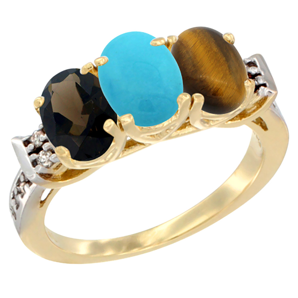 14K Yellow Gold Natural Smoky Topaz, Turquoise & Tiger Eye Ring 3-Stone Oval 7x5 mm Diamond Accent, sizes 5 - 10