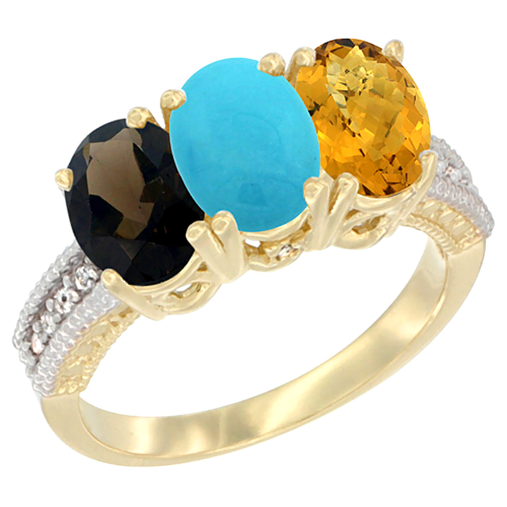 14K Yellow Gold Natural Smoky Topaz, Turquoise &amp; Whisky Quartz Ring 3-Stone 7x5 mm Oval Diamond Accent, sizes 5 - 10