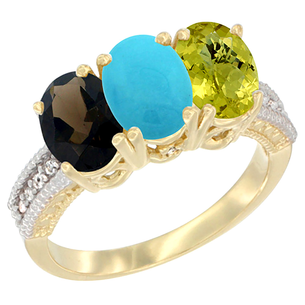 14K Yellow Gold Natural Smoky Topaz, Turquoise &amp; Lemon Quartz Ring 3-Stone 7x5 mm Oval Diamond Accent, sizes 5 - 10