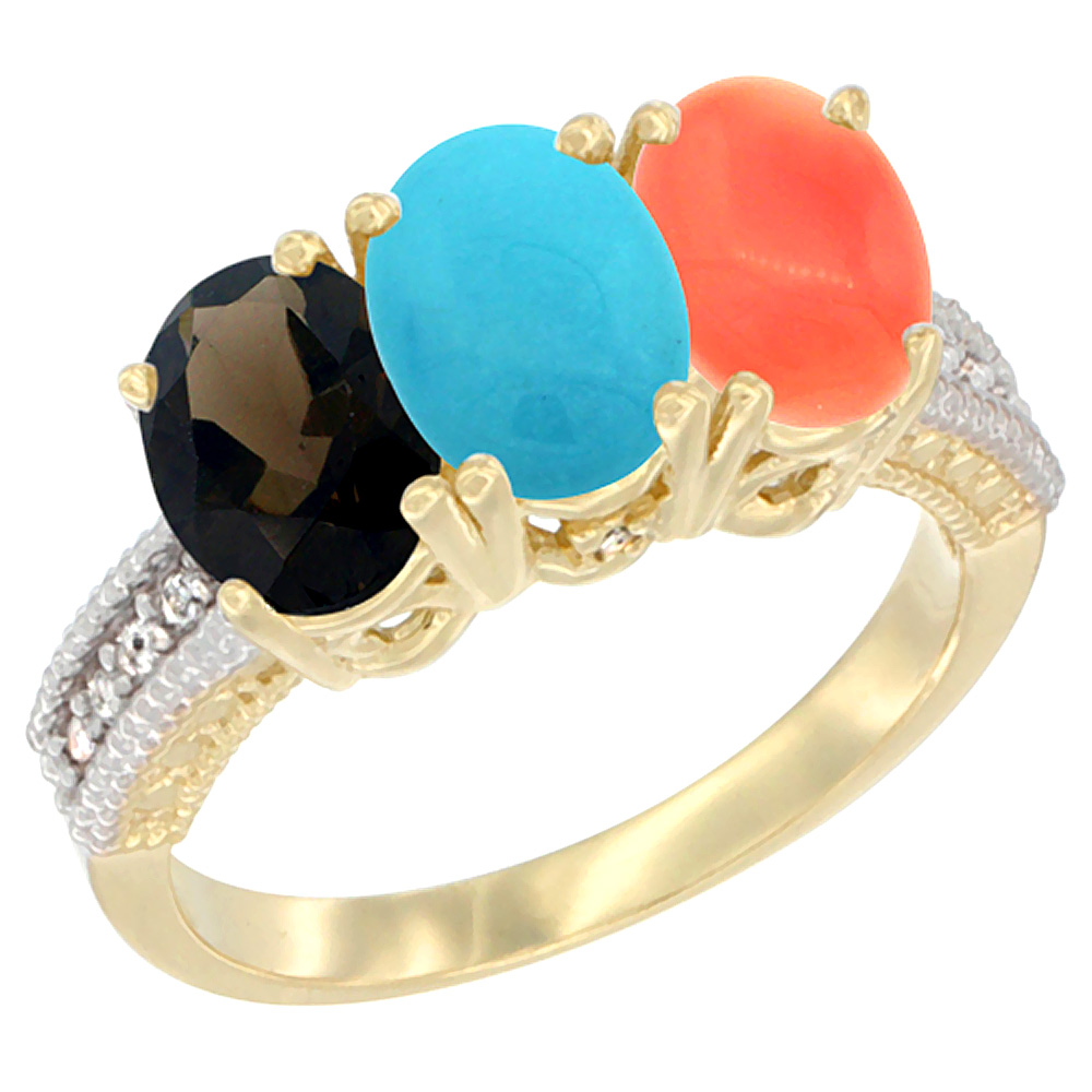 14K Yellow Gold Natural Smoky Topaz, Turquoise &amp; Coral Ring 3-Stone 7x5 mm Oval Diamond Accent, sizes 5 - 10