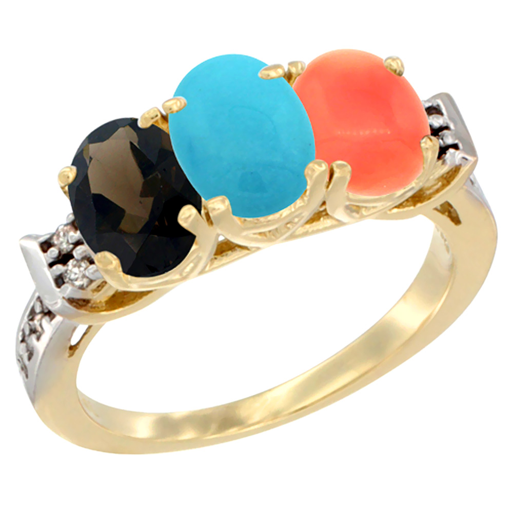 14K Yellow Gold Natural Smoky Topaz, Turquoise &amp; Coral Ring 3-Stone Oval 7x5 mm Diamond Accent, sizes 5 - 10