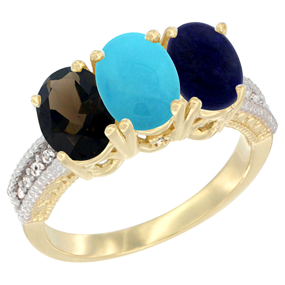 14K Yellow Gold Natural Smoky Topaz, Turquoise & Lapis Ring 3-Stone 7x5 mm Oval Diamond Accent, sizes 5 - 10