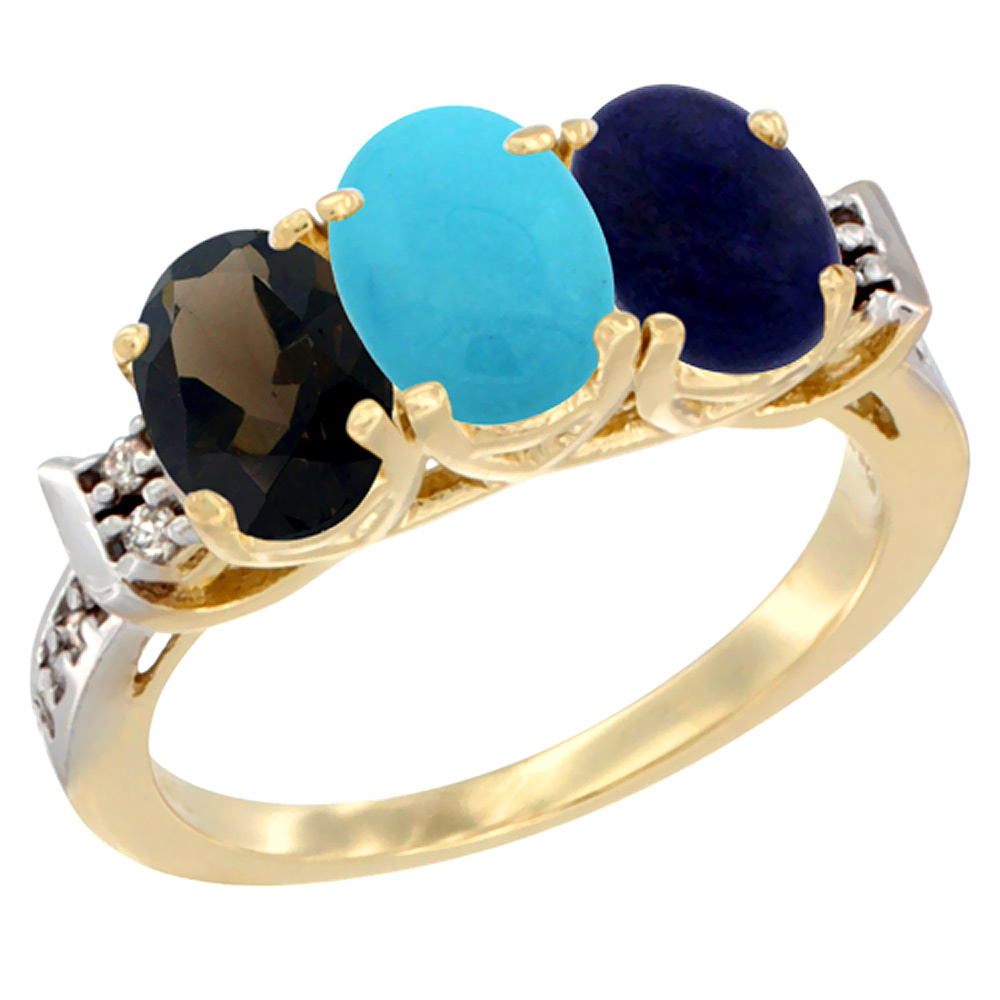 10K Yellow Gold Natural Smoky Topaz, Turquoise & Lapis Ring 3-Stone Oval 7x5 mm Diamond Accent, sizes 5 - 10