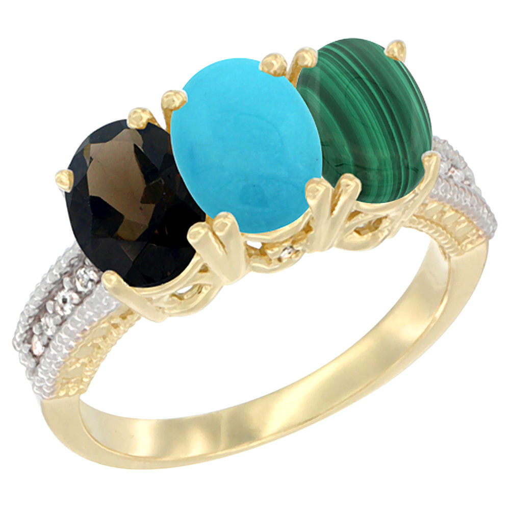 14K Yellow Gold Natural Smoky Topaz, Turquoise & Malachite Ring 3-Stone 7x5 mm Oval Diamond Accent, sizes 5 - 10