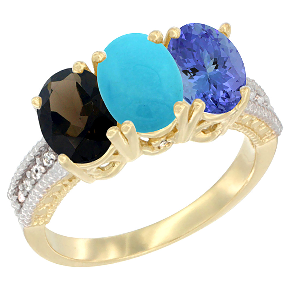 14K Yellow Gold Natural Smoky Topaz, Turquoise &amp; Tanzanite Ring 3-Stone 7x5 mm Oval Diamond Accent, sizes 5 - 10