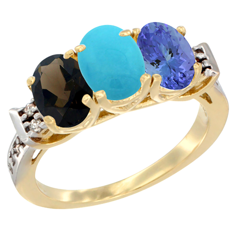 14K Yellow Gold Natural Smoky Topaz, Turquoise &amp; Tanzanite Ring 3-Stone Oval 7x5 mm Diamond Accent, sizes 5 - 10