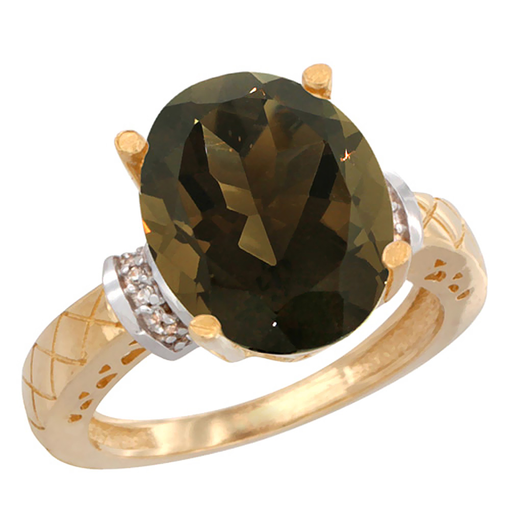 14K Yellow Gold Diamond Natural Smoky Topaz Ring Oval 14x10mm, sizes 5-10
