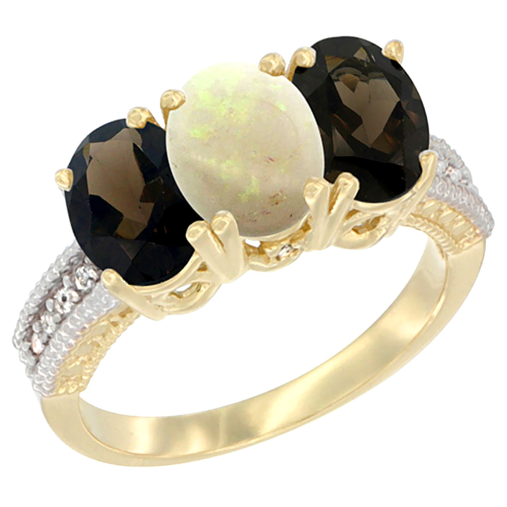 14K Yellow Gold Natural Opal &amp; Smoky Topaz Ring 3-Stone 7x5 mm Oval Diamond Accent, sizes 5 - 10